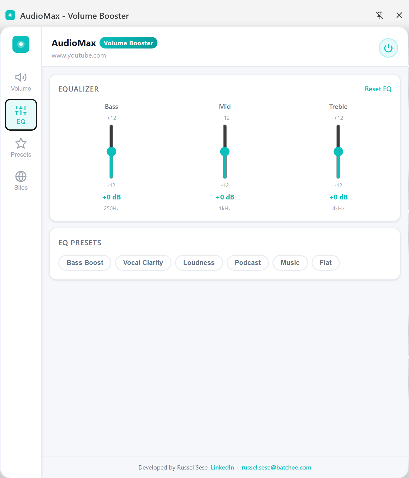 AudioMax side panel showing 3-band EQ with bass slider boosted and Bass Boost chip active