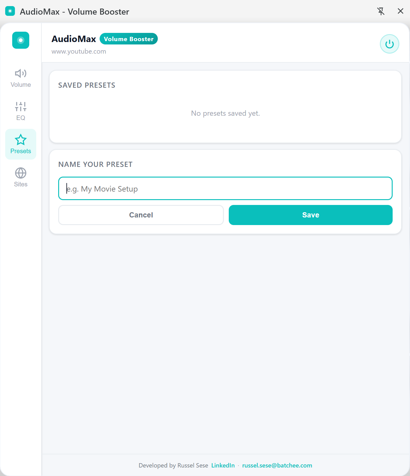 AudioMax side panel showing saved named presets list