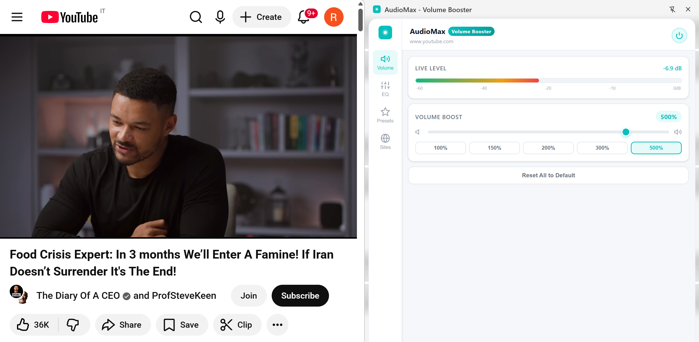 AudioMax extension showing volume boost controls on a YouTube tab