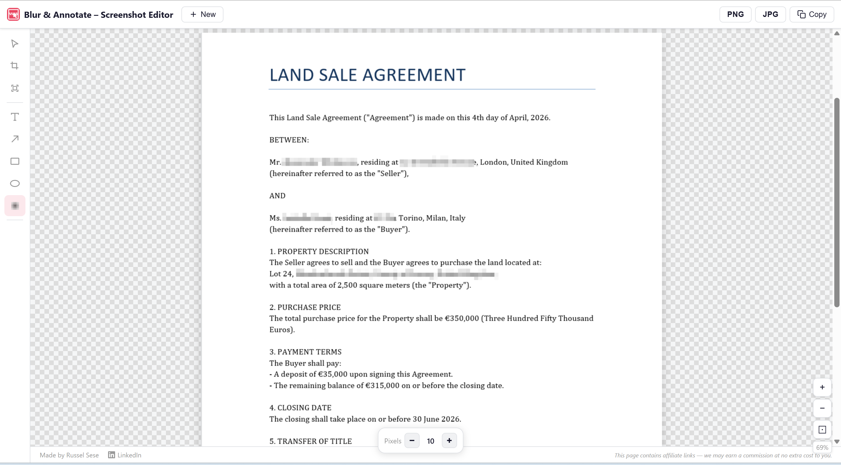 Blur tool applied over sensitive text in a screenshot
