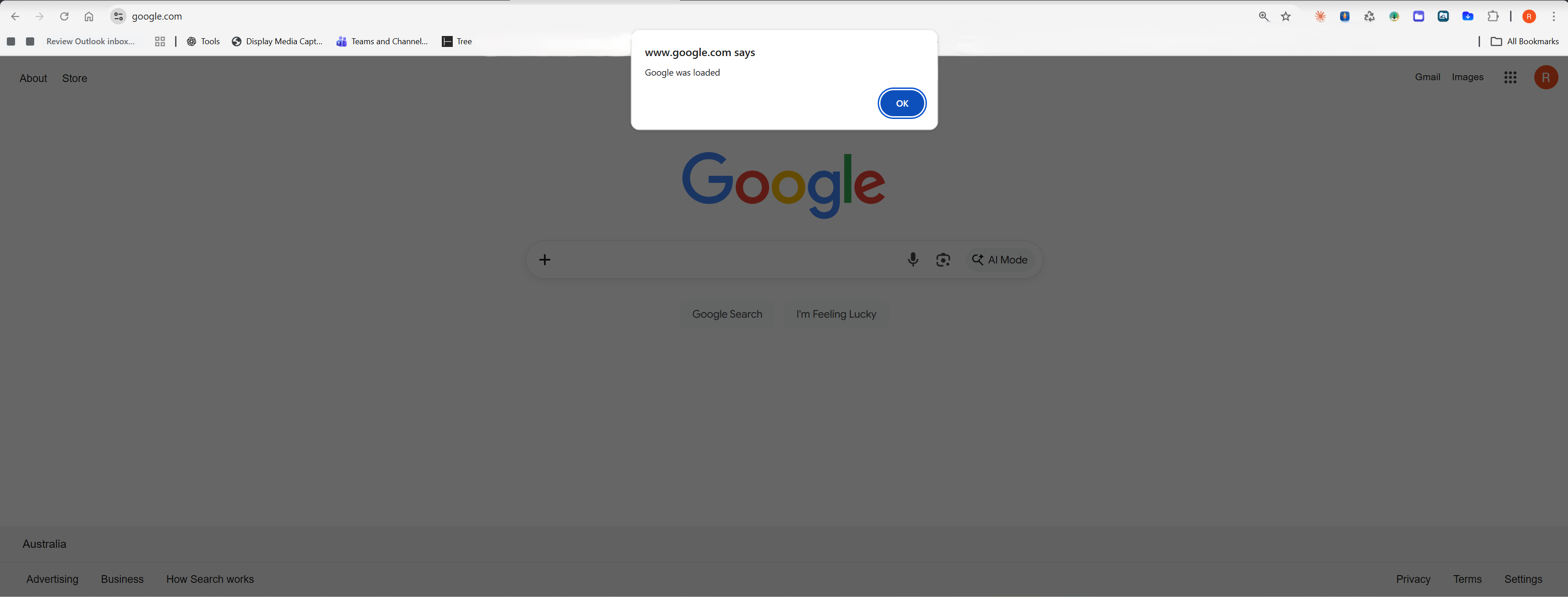 Site Script Launcher extension popup showing a script running on google.com with an alert dialog