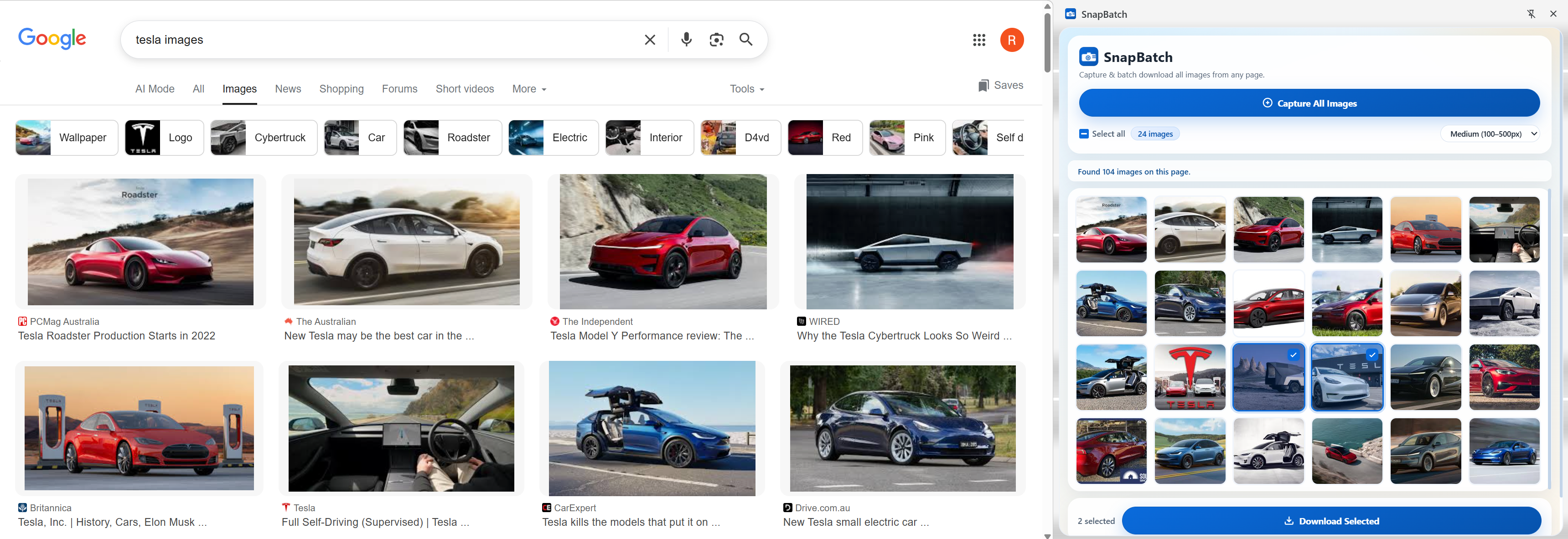 SnapBatch extension showing a thumbnail grid of captured images inside Chrome's side panel