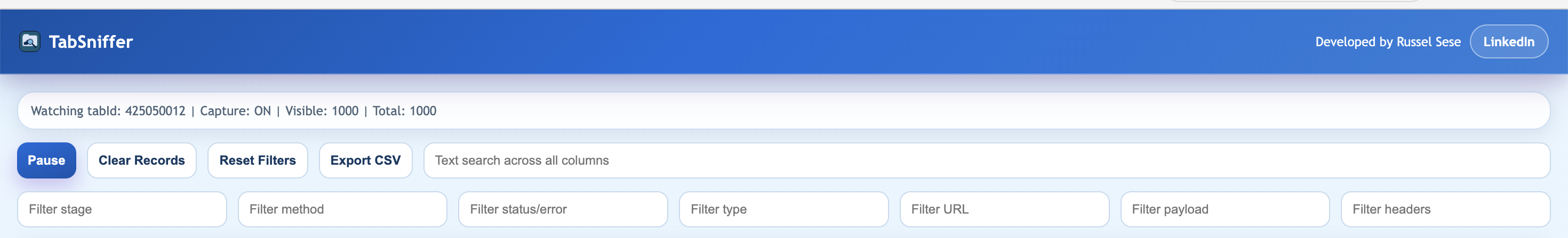 TabSniffer toolbar showing export, pause, and reset controls
