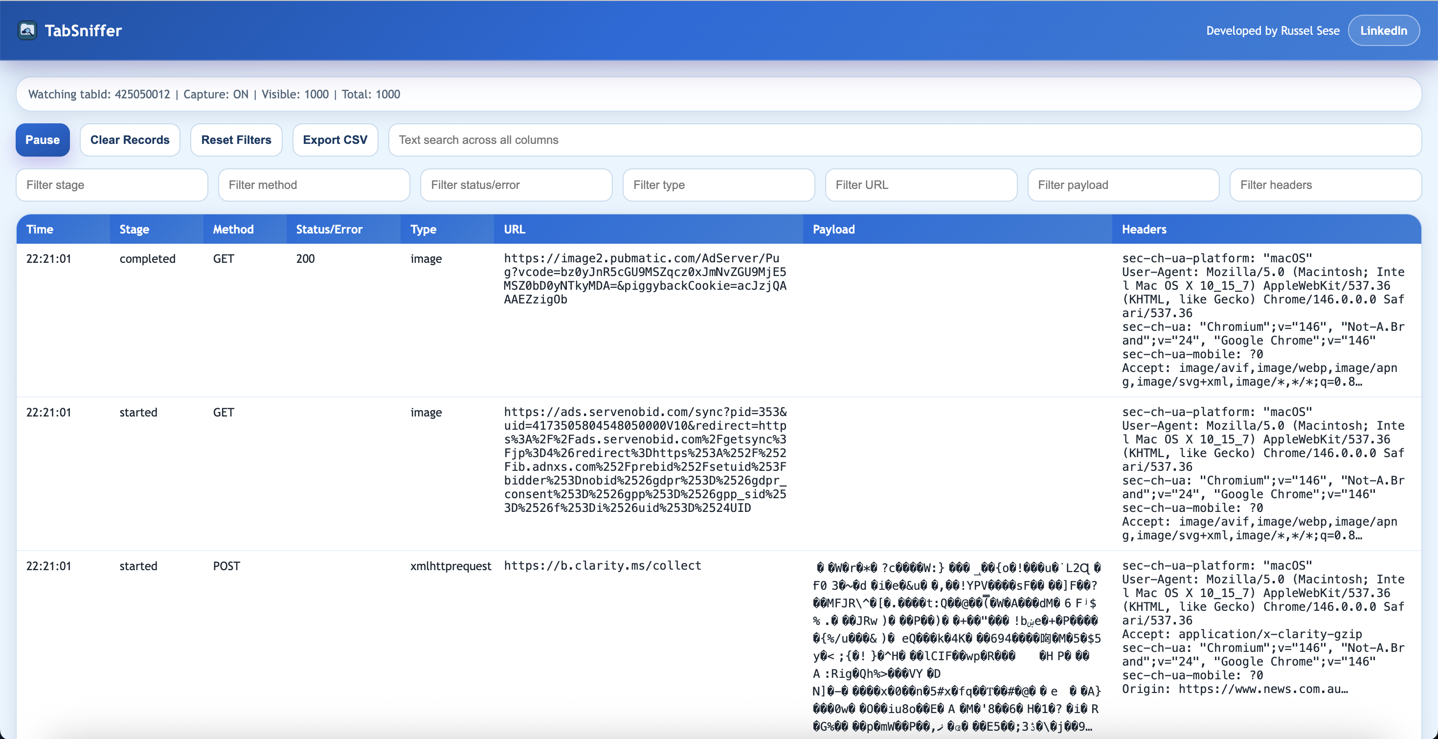 TabSniffer extension showing a live network request timeline for the active tab