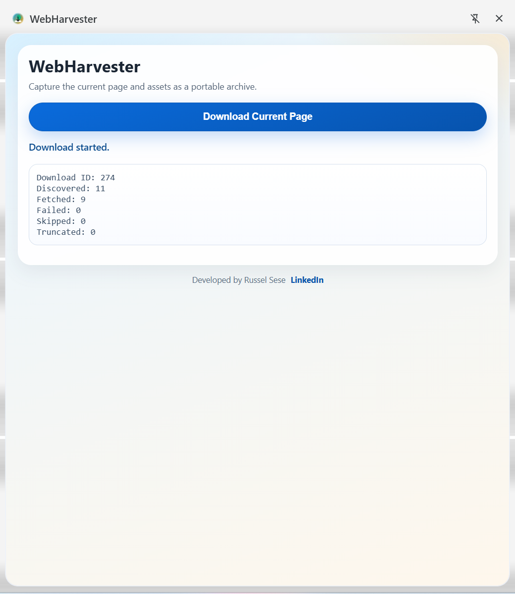 WebHarvester side panel open inside Chrome showing download controls